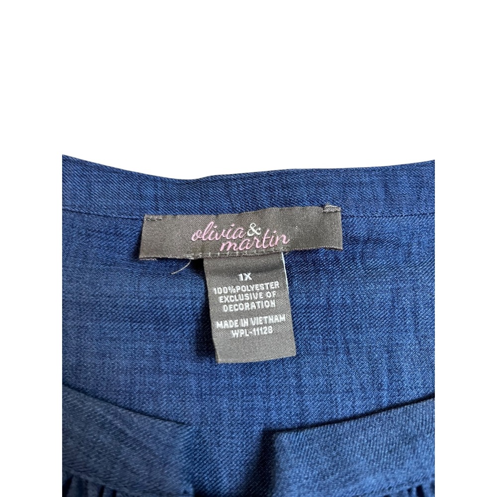 Olivia & Martin Womens 1X Blue Embroidered Floral Sequin Peasant Blouse Tie Neck - Picture 4 of 7